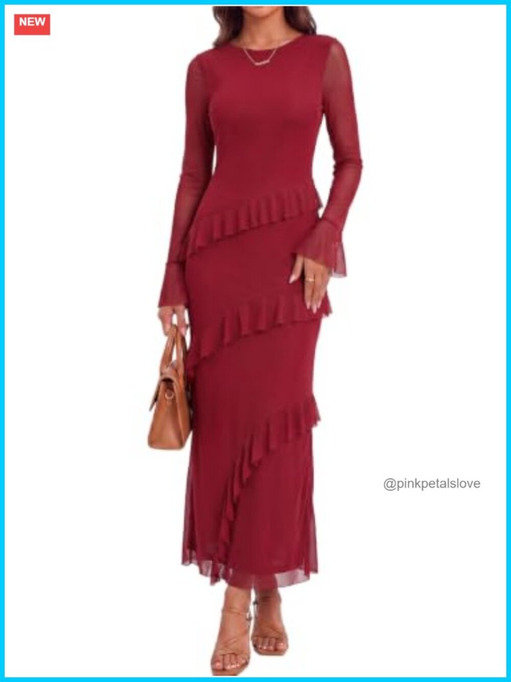 Womens Long Sleeve Maxi Dress Ruffle Wedding Guest Party Semi-Sheer